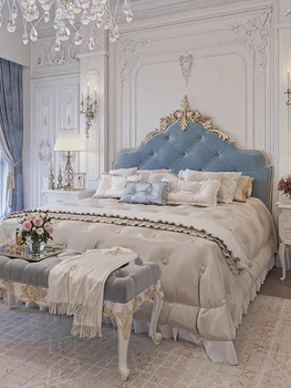 Francia könnyű luxus álom hercegnő ágy Gyerekágy lányok szövet ágy kézzel faragott baba tömörfa ágy