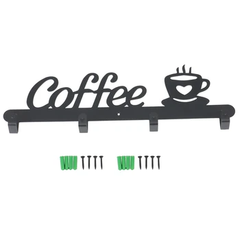 fém kávésbögre tartó, falra szerelhető kávéscsésze tartó kávé jellel, 4 akasztó Art Metal csésze függő dekoráció