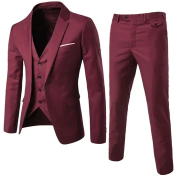 Férfi márka öltönyök Blazer 3 darab Borvörös elegáns Slim Fit gombos ruha öltöny mellény party esküvő hivatalos üzleti alkalmi Terno