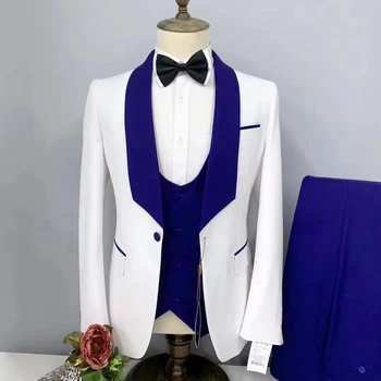 Férfi öltöny fehér esküvői blézer királykék kendő hajtóka egymellű kabát nadrág mellény háromrészes jelmez Homme Slim Fit 2023