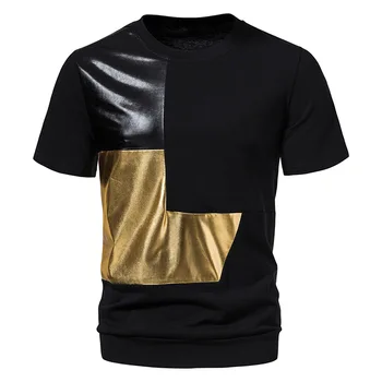 Gold Patchwork Metallic póló férfi 2023 márka rövid ujjú pólók Férfi éjszakai klub Party Dance Streetwear Alkalmi póló Homme