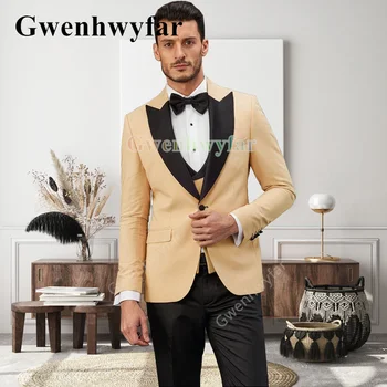 Gwenhwyfar New Style Blazers Peak hajtókák Slim Fit sárga öltöny Háromrészes Tuxedo vőlegény öltönyök Egyedi báli partidzsekik