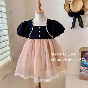 Gyerek viselet 2023 új nyári flitterek Csipke buborékujjú baba hercegnő tutu ruha lányos ruha születésnapi zsúrra Babaruha