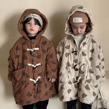 Gyerekek Fiúk Rajzfilm Medve Pamut párnázott kabát Téli kislányok Vastagított gyapjú Kordbársony Hosszú kabát Parkas Gyerekek Bársony felsőruházat