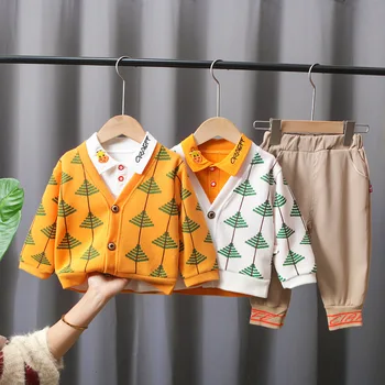 Gyerekruhák Fiú Tavasz Ősz Kisfiú Ruha Szett Cardigan és Pólók és nadrágok 3 részes készlet Koreai fiú ruhák 1 év