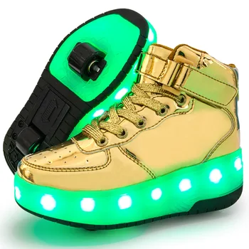 Gyermek sétacipők Gyermek magas felsők LED világító cipők Fiúk lányok Csiga cipők Gyerekek kétkerekű kétkerekű görkorcsolyás cipők