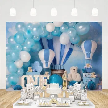 Happy One Birthday Party háttér Kék fehér hőlégballon Medve fotózás Háttér 1. fiú babaváró banner dekoráció