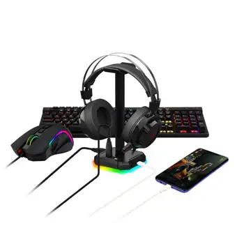 Headset asztali állvány Szilárd, kezelhető játékhoz tervezett mikrofonos fejhallgató Asztali konzol Minimalista alumínium telefontartó Audio eszköz tartós fekete