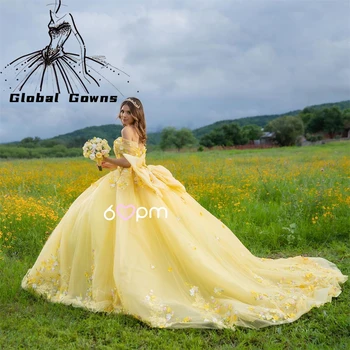 Hercegnő le a vállról Báli ruha Quinceanera ruha sárga lányoknak Gyöngyös 3D virágok Születésnapi parti ruhák Bow báli ruhák