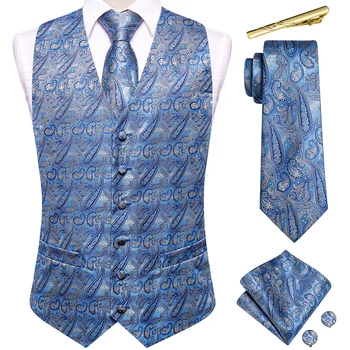 Hi-Tie Business Blue férfi selyemmellények Classic Paisley mellény kabát nyakkendő Hanky mandzsettagombok klipek szettek esküvői hivatalos tervező