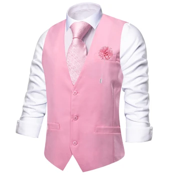 Hi-Tie esküvői férfi mellény selyem őszibarack rózsaszín vékony mellény nyakkendő Hanky mandzsettagombok Bross szettek férfi öltönyhöz Esküvői parti tervező