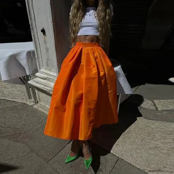 High Street narancssárga térdig érő szatén szoknyák divat A-vonalú midi szoknya női Saias egyedi készítésű elegáns szatén női szoknya