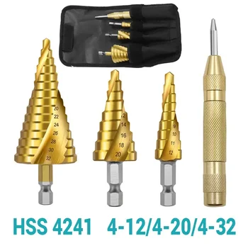 HSS titánbevonatú lépcsős fúrószár 4-12 4-20 4-32 Fúrószerszámok Fém gyorsacél Fa lyukvágó kúpos fúrószárak
