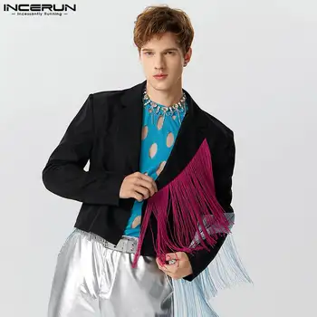 INCERUN Tops 2023 amerikai stílusú férfi divat színes bojt patchwork öltöny stílusos férfi egyszínű hosszú ujjú blézer S-5XL