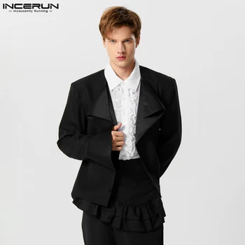 INCERUN Tops 2023 Amerikai stílusú új férfi szatén patchwork hajtóka Deep V Design Blazers Leisure Simple All-match öltöny kabátok S-5XL