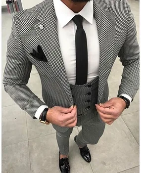 Jelmez Homme Fekete fehér kockás vőlegények Tuxedos férfi öltöny Legjobb ár férfi esküvői öltöny Terno Masculino( Dzseki + Nadrág + Mellény + Tie)
