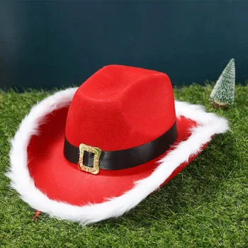 Karácsonyi piros cowboy kalap Téli nők lányok tollas fekete öv puha kalapok állítható kényelmes világító Mikulás sapka újévi ajándék