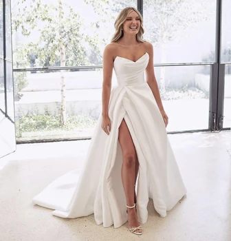Kedvesem esküvői ruha szatén A-vonal Egyszerű strand polgári menyasszonyi ruhák Padló hossza nőknek Testreszabás méretre fűző köntös 2024