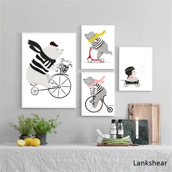 Kerékpáros medve és kislány poszterek és nyomatok Faliképek gyerekeknek szoba Vászonfestés Babaszoba Lakberendezés Nyomtatás Festés