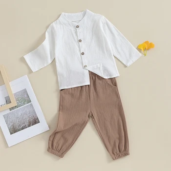 Kisgyermek kisfiú alkalmi ruhák Hosszú ujjú gombos ingek és rugalmas derékú hosszú nadrágok 2db Lougewear ruhák