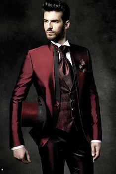 Kiváló minőségű egygombos sötétvörös vőlegény Szmokingok Vőlegények Férfi öltönyök Jelmez Homme (dzseki+nadrág+mellény)