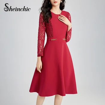 Kiváló minőségű piros fekete csipke ruha női kifutótervező elegáns O-nyakú hosszú ujjú ruhák 2024 tavaszi Vestidos Midi