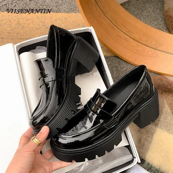 Klasszikus fekete bőr vastag aljú vaskos magas sarkú kerek fejű loafer 2023 Új valódi bőr papucs brit stílusú magas sarkú cipőn