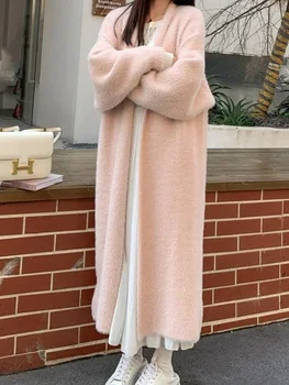 Koreai divatpulóverek nőknek Téli tömör kötött kardigán hosszú kabát ruházat Ujjas felsők Kötöttáru ZL20
