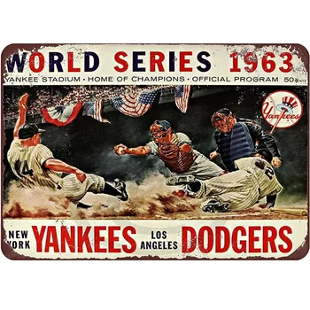 Kustom Kraze 1963 Seri Dunia Bisbol Dodgers Yankees Reproduksi Logam Timah Tanda Logam Dinding Seni Dekorasi Ruang Tamu