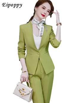 kék lila zöld fekete női nadrág öltöny irodai női vékony 2 részes szett női üzleti munkaruházat V-nyakú blézer és nadrág