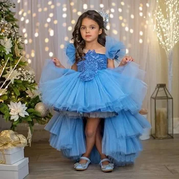Kék virágos lányruhák esküvőre réteges tüll puffadt rövid ujjú születésnapi zsúr elsőáldozási ruha hercegnő báli ruha