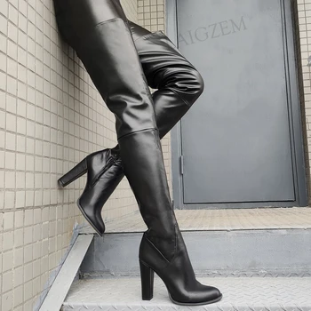 LAIGZEM női comb magas csizma kerek lábujj vaskos vastag sarkú oldalsó cipzár Frauen Stiefel műbőr cipő nő nagy méret 40 47 52