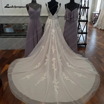 Lakshmigown Boho esküvői ruha nőknek 2024 Hát nélküli csipke strand menyasszonyi ruha csipke rátétes udvari vonat Vestidos de Nova