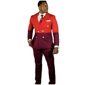 Legújabb design Patchwork férfi öltönyök Red Burgundy Slim Fit 2 db dupla mellű egyedi gyártású báli esküvői vőlegény blézer dzseki + nadrág