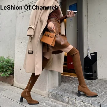 LeShion Of Chanmeb Women műbőr comb magas csizma Chic Maillard barna blokk sarkú cipő Stretch Boots Woman Square Toe cipzáras cipő