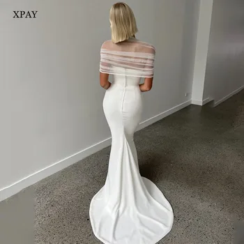 LISM Pánt nélküli krepp Egyszerű sellő esküvői ruhák Levehető köpeny hát nélküli strandmenyasszonyi ruha Custom Button Beach menyasszonyi ruha