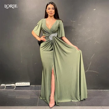 LORIE Menta zöld estélyi ruhák Oldalsó hasított V-nyakú csillogó redős sellő rövid fáklyás ujjú báli ruha Arabia Party ruhák 2022
