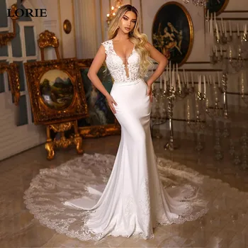 LORIE V nyakcsipke sellő esküvői ruha puha matt szatén menyasszonyi ruhák SaSudi Arabia hosszú vonatos esküvői parti ruhák 2023