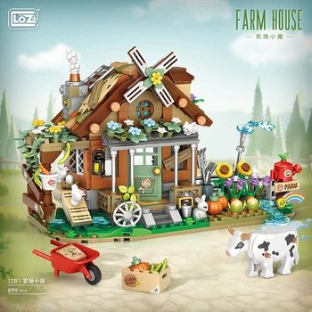 LOZ Kreatív szélmalom Parasztház Állat Haza építőelem Moc Farm kabin Kerti kocsi Tehén játékok Összeszerelő kocka gyerekeknek Ajándék