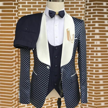Luxus férfi öltönyök pöttyös blézer szabóból készült 3 részes formális báli party férfi ruházat egymellű kabát mellény nadrág 2023