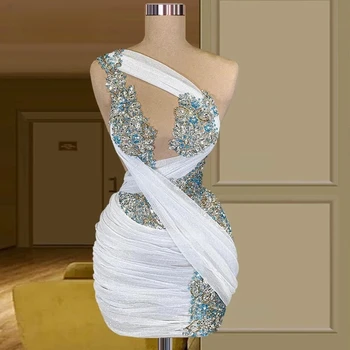 Luxus koktélruhák Hüvely Egyvállas rövid Mini gyöngyös kristályok Hazatérő ruhák Haute Couture