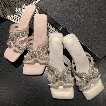 Luxus strassz PVC Band női nyári papucs szögletes lábujj bézs magas sarkú cipő báli party pumps rózsaszín ruha Sandalias Mujer 2023