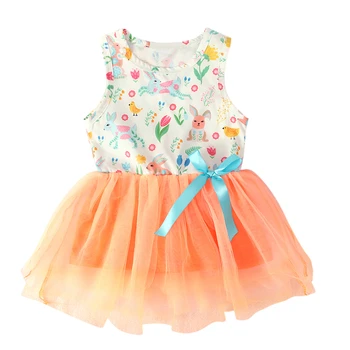 Lány nyári ujjatlan ruhája Aranyos nyúl nyomtatás hálós fonalvarrás A-vonalú hercegnőruha 2021 Új