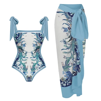 Megfordítható nyakkendős vállú egyrészes fürdőruha és Sarong / szoknya nyári fürdőruha női strandruházat