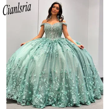 menta zöld quinceanera ruha le a vállról Báli ruha 3D virágok rátétjei csipke fűző édes 15 Vestidos de XV Años