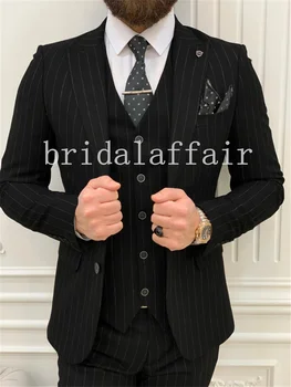 Menyasszonyi csíkos férfi öltönyök Slim Fit Business Blazer egymellű szett szett Terno Masculino
