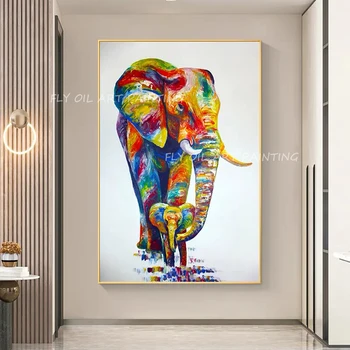 Nagy méret 100% kézzel festett színes elefántállat vastag kés kép olajfestmény irodai nappaliba ajándékba