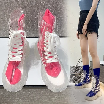 Nagy méretű divat női Pu átlátszó platform csizma Bokacsizma nőies átlátszó vastag alsó esőcsizma szexi női cipő