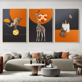 Narancssárga színű rajzfilm Aranyos állatos plakátok és nyomatok Gyerekszoba dekoráció Elefánt zsiráf kép Modern vászon festés Cuadros