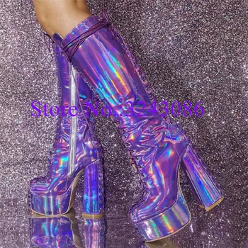 New Shinning Purple Chunky Heel Long Boots Lady Fashion Lace-up Platform Knee High Boots Woman Sexy Large Size Party Shoes
